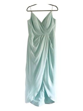 Bari Jay Chiffon High Low Dress Sz 16 (Fits 12) Aqua mint Blue Bridesmaid Formal